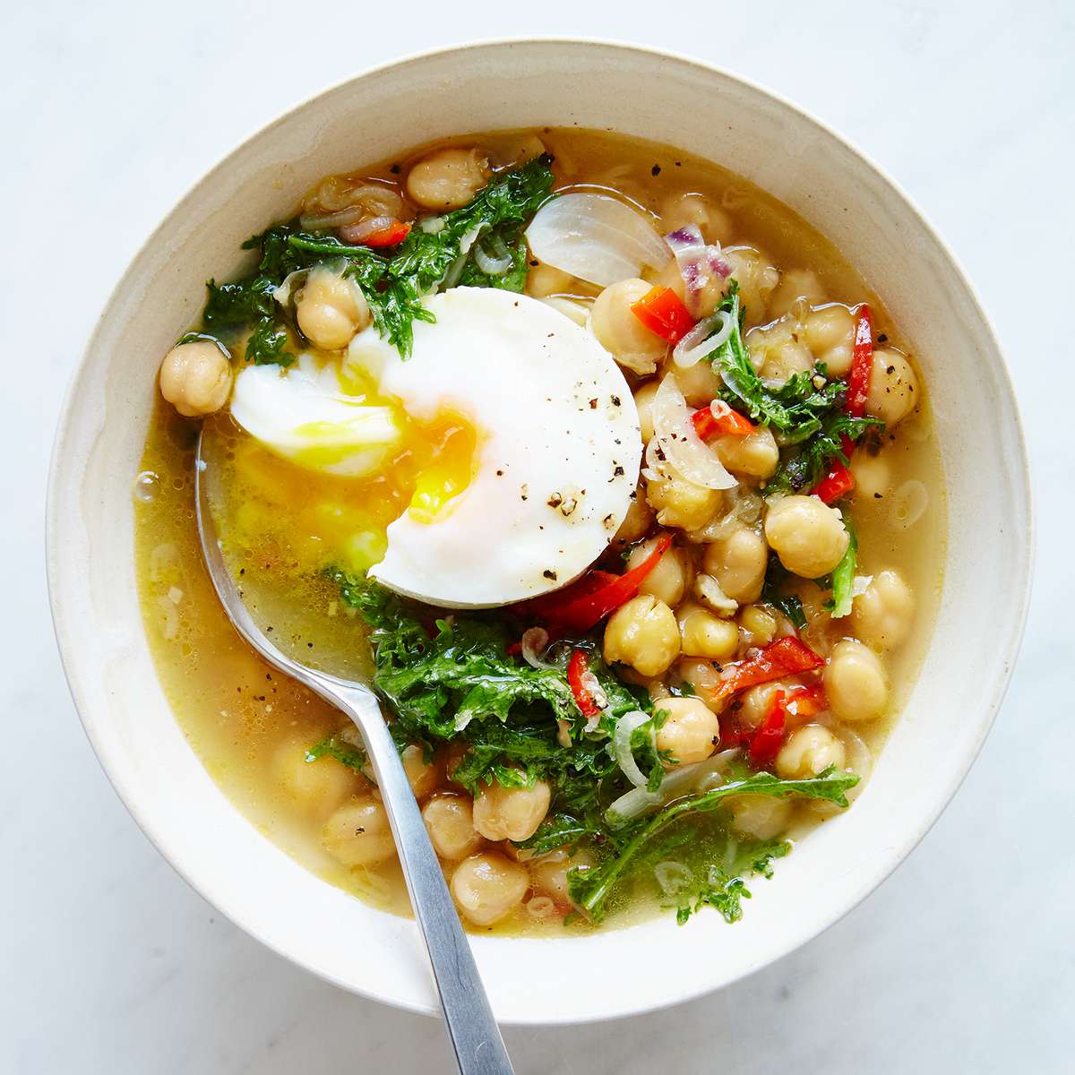 Chickpeas with Eggs and Mustard Greens