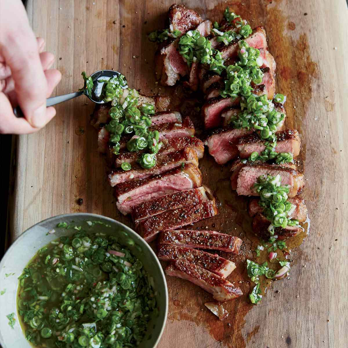 Grilled Strip Steaks with Green Bean Chimichurri