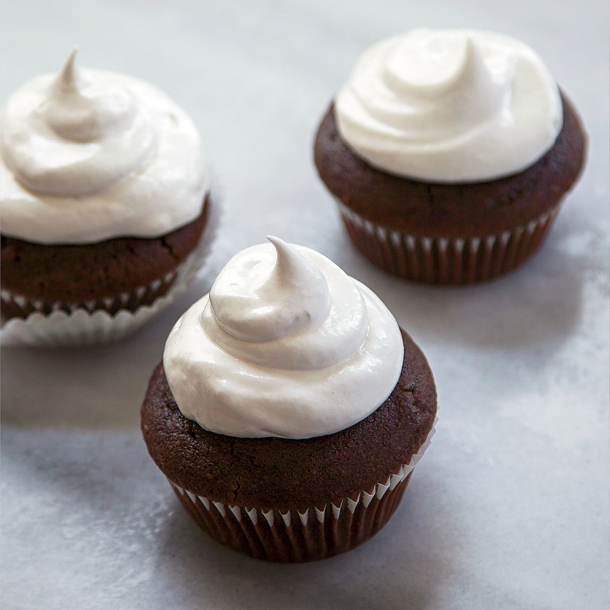 Hot Cocoa Cupcakes with Meringue Frosting 