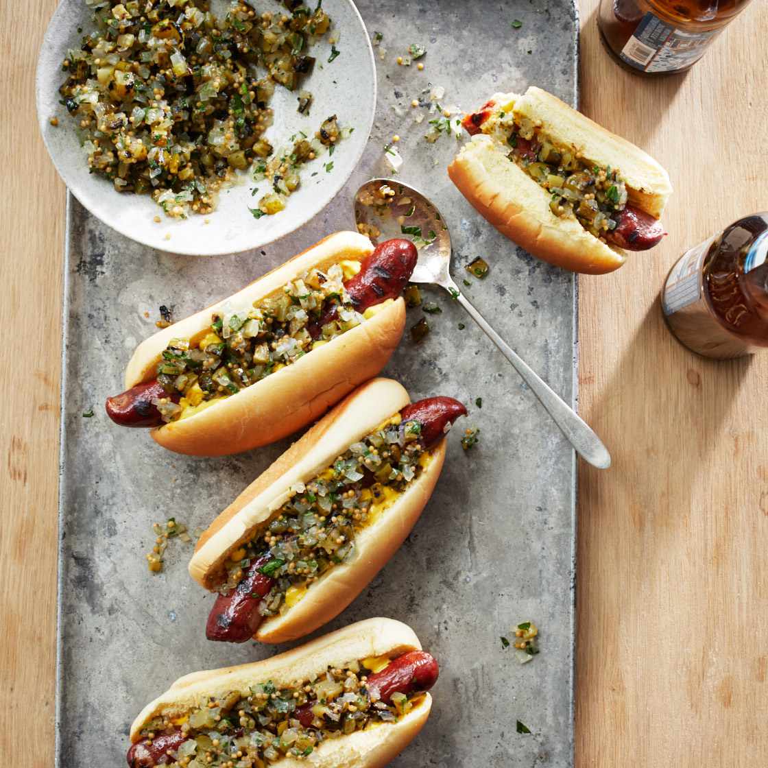 Hot Dogs with Grilled Pickle Relish