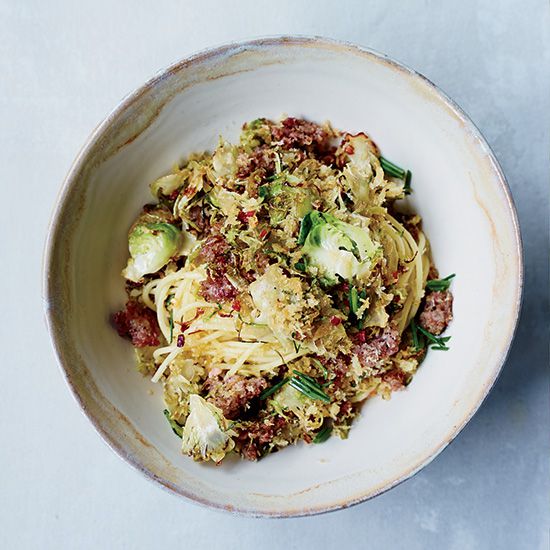 Spaghetti with Brussels Sprouts & Sausage Breadcrumb Topping