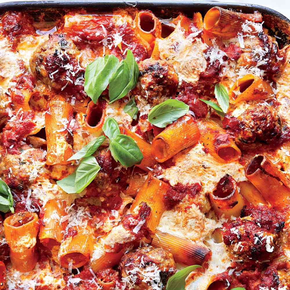Shortcut Baked Rigatoni with Meatballs 