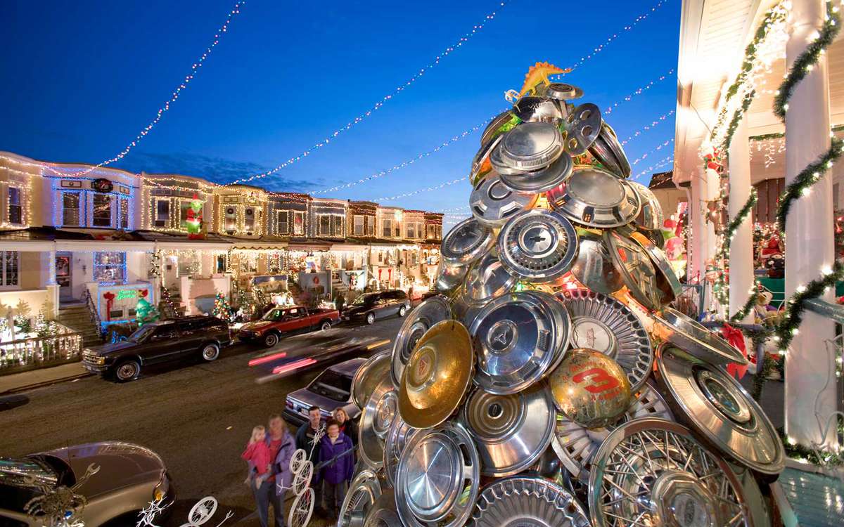 A tree constructed of hubcaps in Baltimore, Maryland