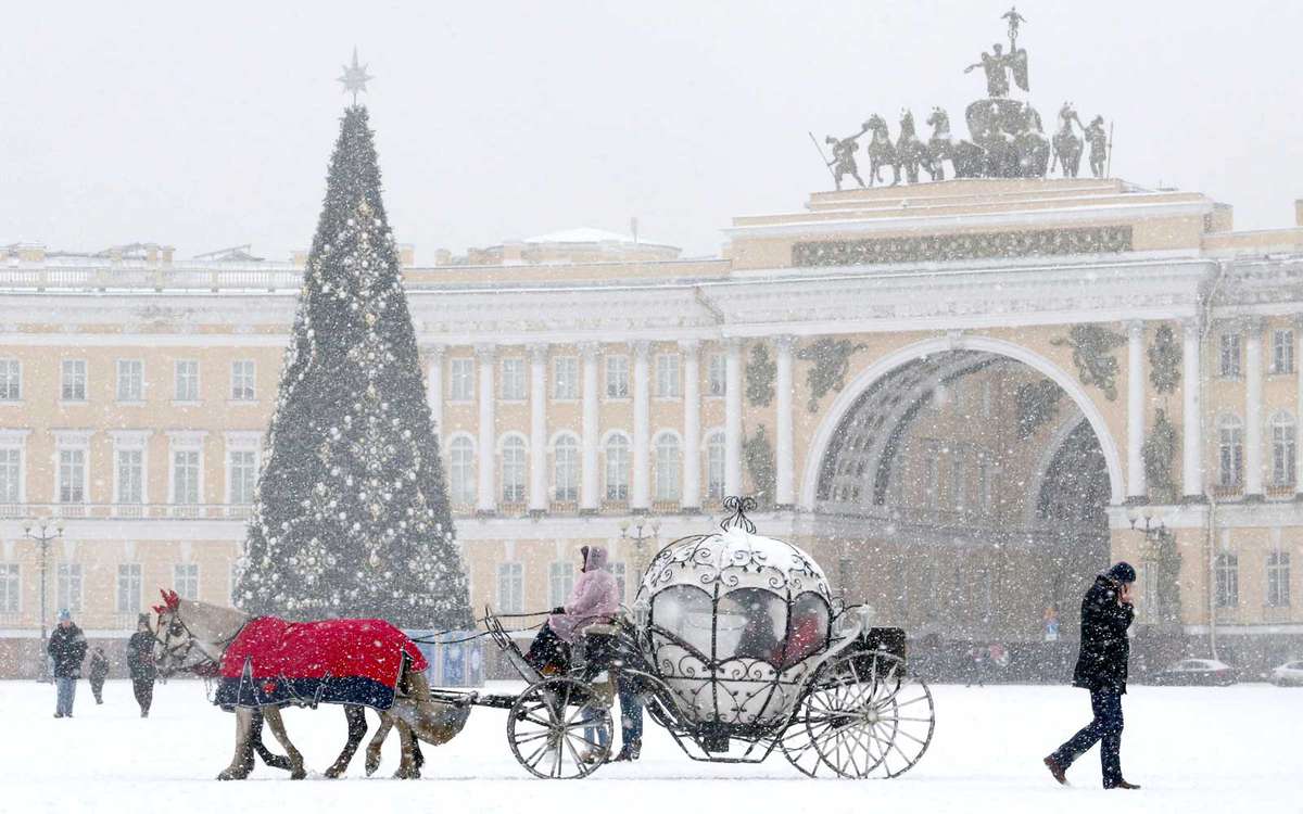 Snowy Christmas scene in St. Petersburg, Russia