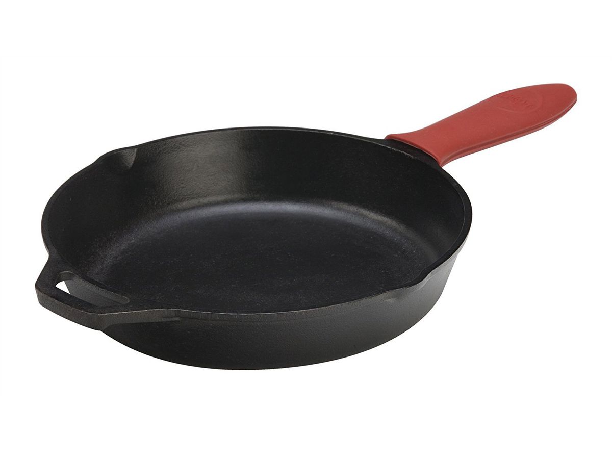 black skillet with red handle