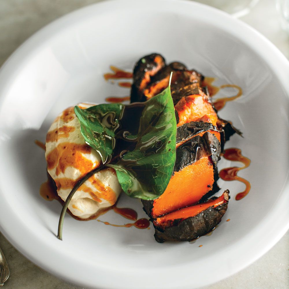 Charred Sweet Potatoes with Elecampane Cream and Honey Gastrique