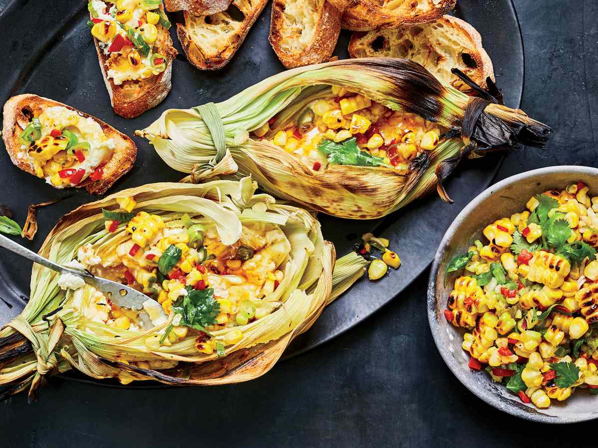 Corn Husk-Grilled Goat Cheese with Corn Relish and Honey