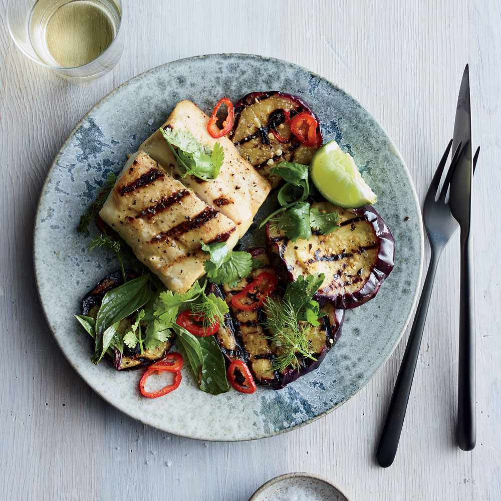 Grilled Sea Bass with Marinated Eggplant