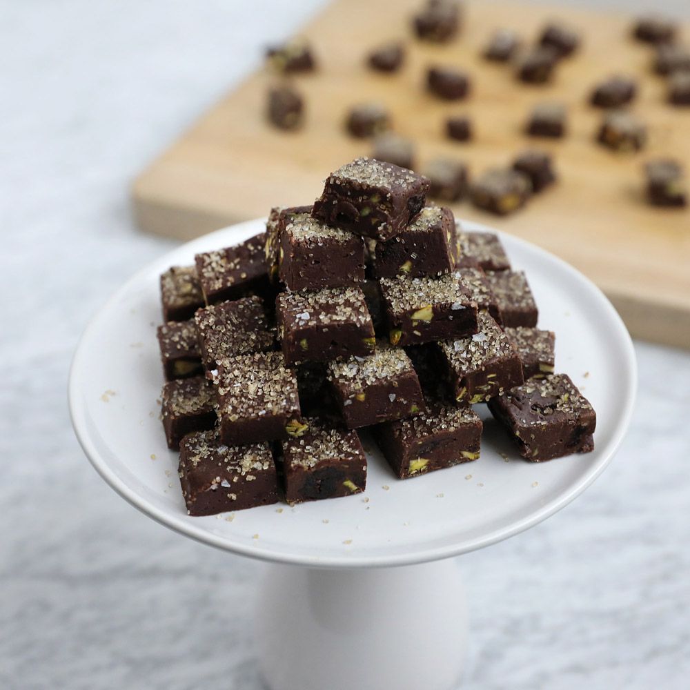 Dark Chocolate Fudge with Candied Ginger and Pistachios