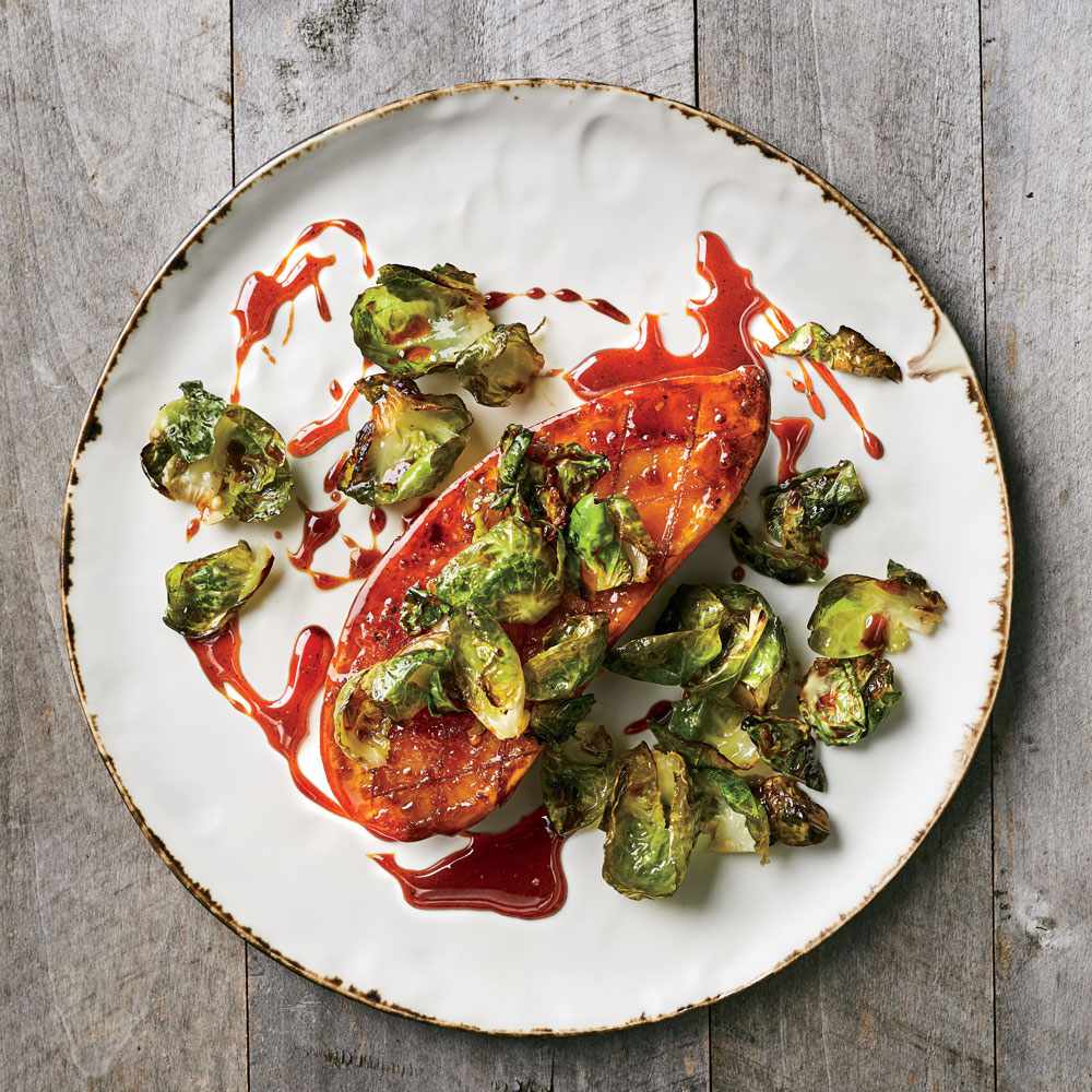 Honey Glazed Sweet Potato Steaks With Brussels Sprouts