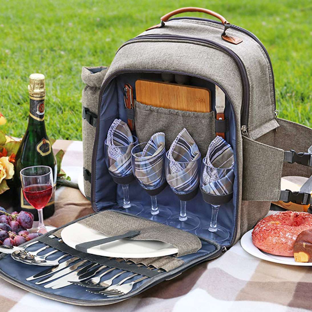 Picnic Set Service Backpack with Tableware For 4 Camping Bag Gourmet Basket Kit 