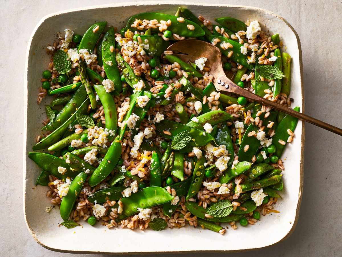 Triple-Pea and Asparagus Salad with Feta-Mint Dressing 