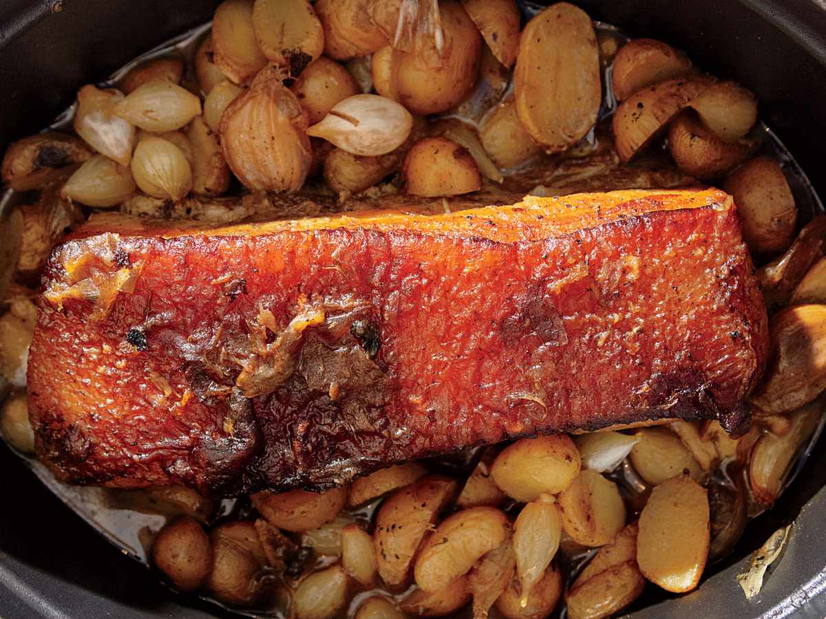 Slow Cooked Pork Belly with Potatoes, Onions, and Garlic Recipe