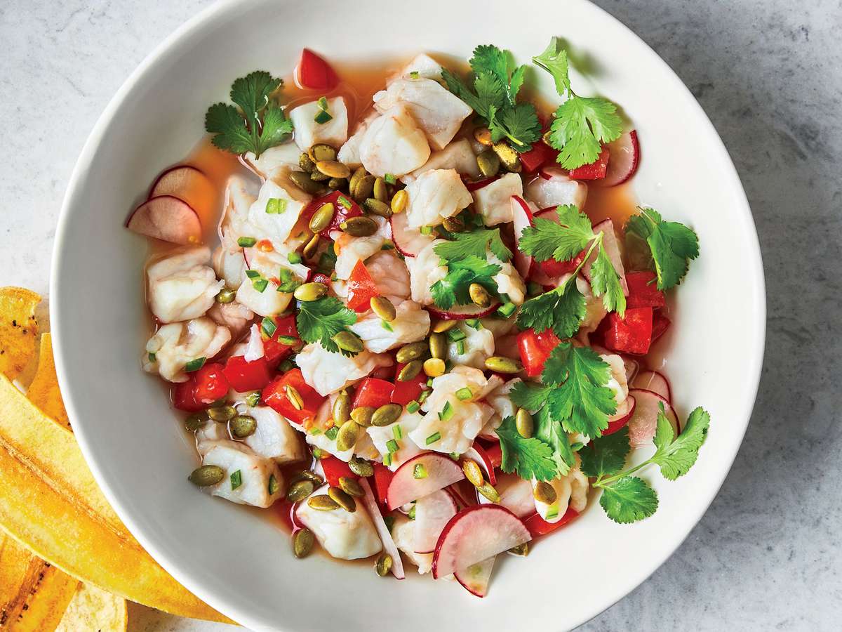 Classic ceviche with red snapper, fresh vegetables, and crunchy pepitas