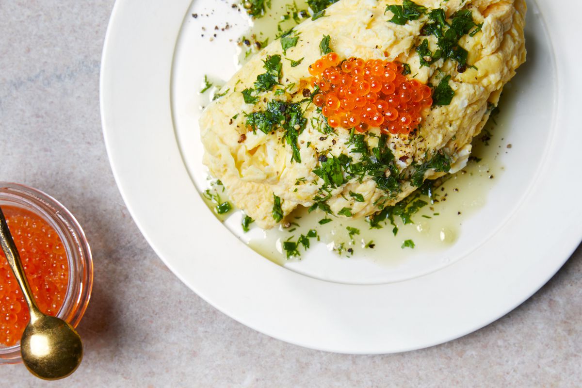 Poached Scrambled Eggs with Herb Oil and Trout Roe 