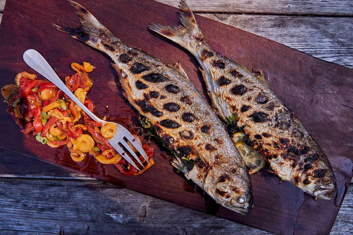 Grilled Bluefish with Charred Cherries and Peppers 