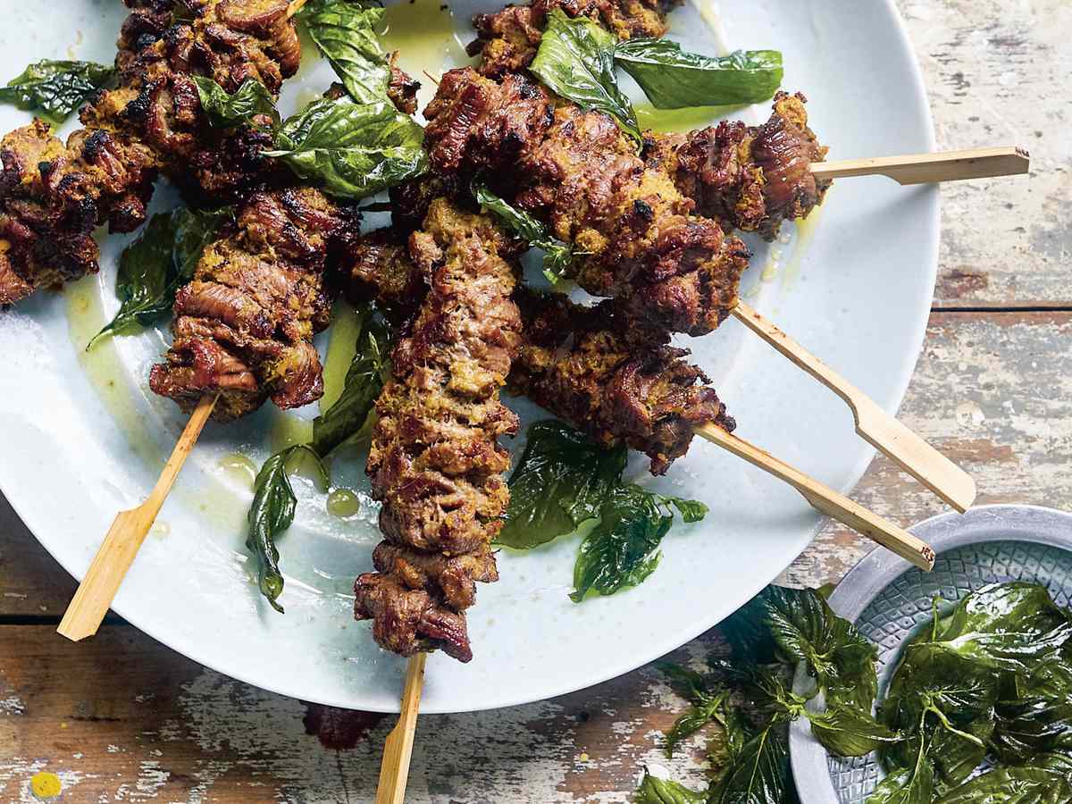 Green Curry Beef Skewers with Fried Basil Oil