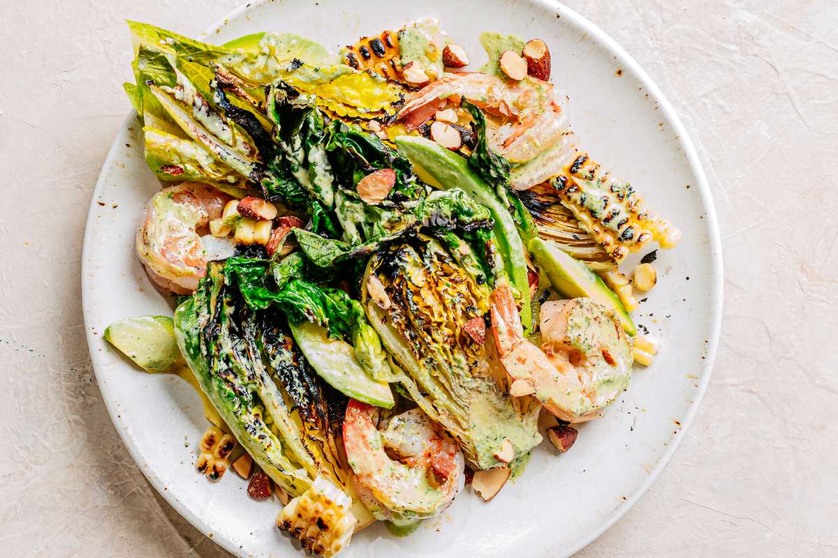 Grilled Shrimp and Lettuces with Charred Green Goddess Dressing Recipe