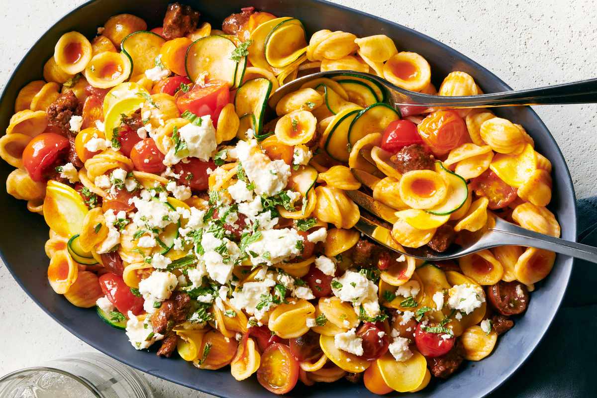Spicy Sausage Pasta with Tomatoes and Squash