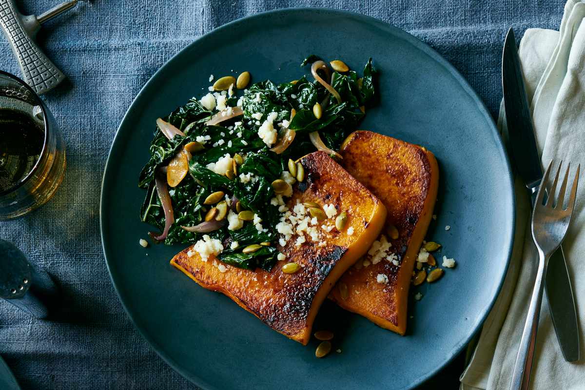 Roasted Butternut Squash with Chorizo Spiced Kale