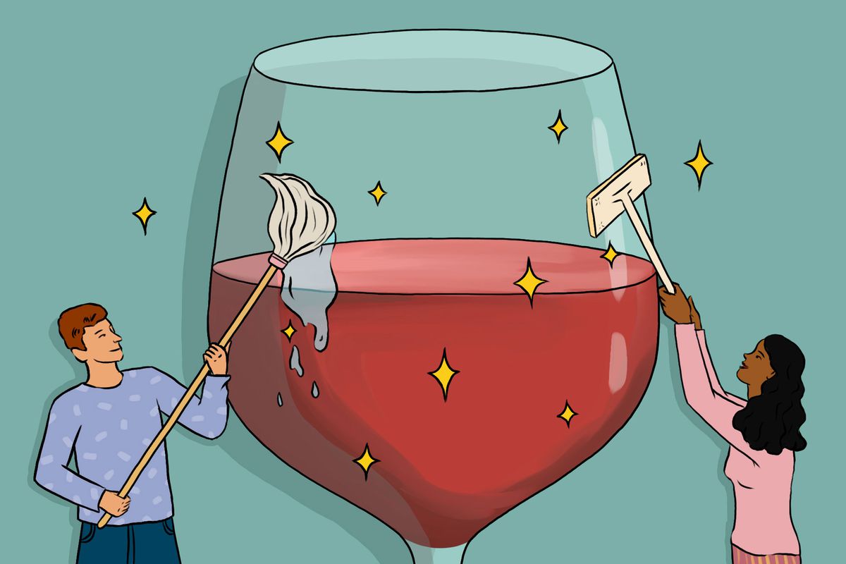 Illustration of a wine glass being scrubbed clean