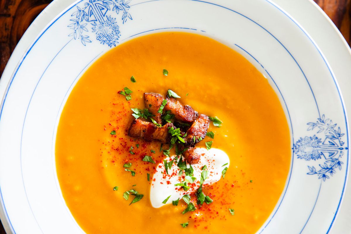 Butternut Squash Soup with Bacon and Creme Fraiche