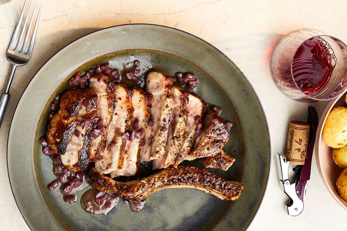 Pork Chop au Poivre with Red Wine Shallot Sauce
