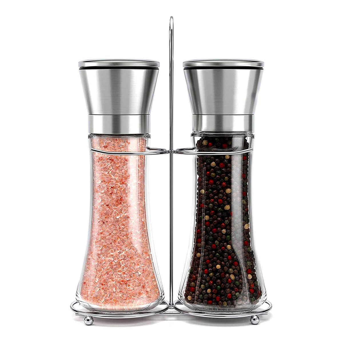 2 pcs Glass Body Set of Salt and Pepper Grinders with Easy Adjustable Ceramic Coarseness Brozen Painting Stainless Steel Salt and Pepper Mills with Silicone Stand Pepper Grinder 