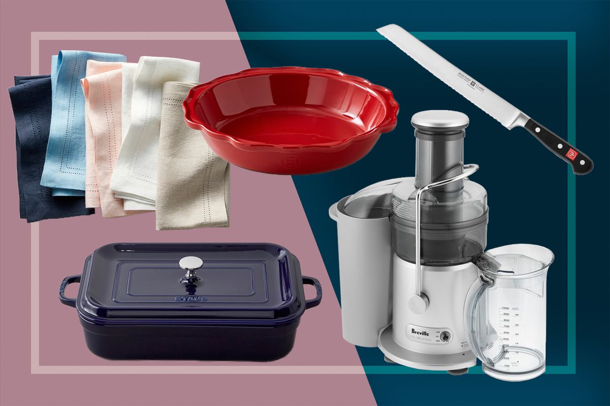 Williams Sonoma Sale Items including Breville juicer, ceramic pie pan, cloth napkins, serrated knife