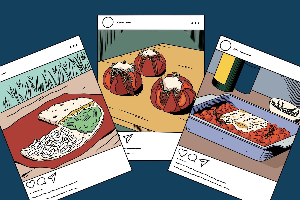 Illustration of tiktok quesadilla hack, tomato tacos, and baked feta