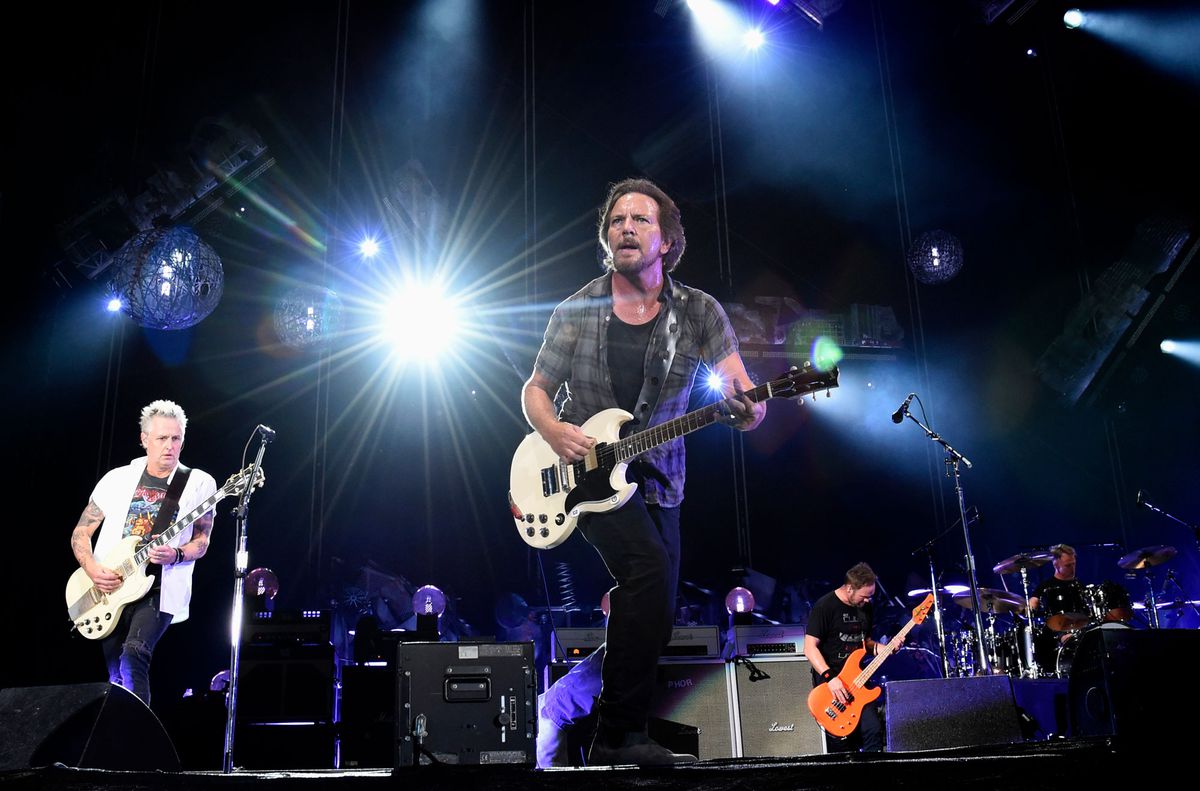 Jeff Ament, Mike McCready, Matt Cameron, Stone Gossard and Eddie Vedder of Pearl Jam perform at Fenway Park on September 4, 2018 in Boston, Massachusetts.