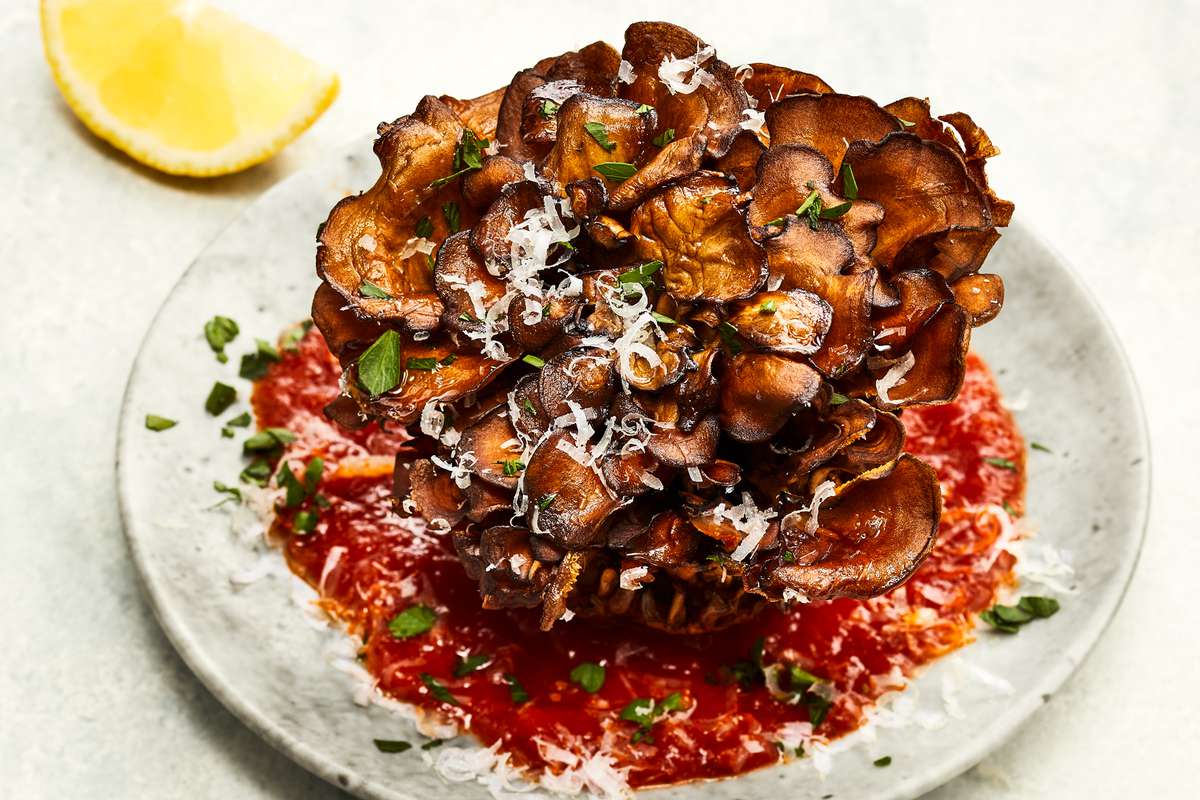crispy hen-of-the-woods mushrooms with marinara and parmigiana-reggiano