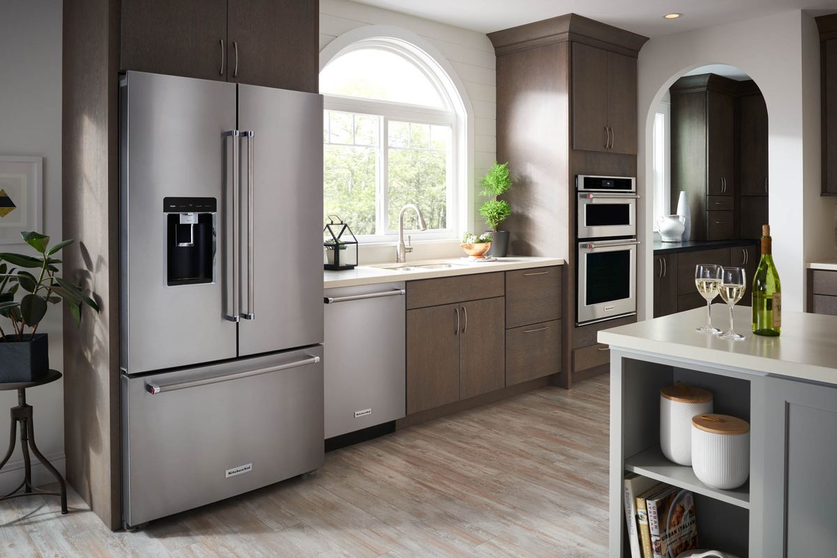 Kitchen with KitchenAid appliances, including refrigerator with French doors