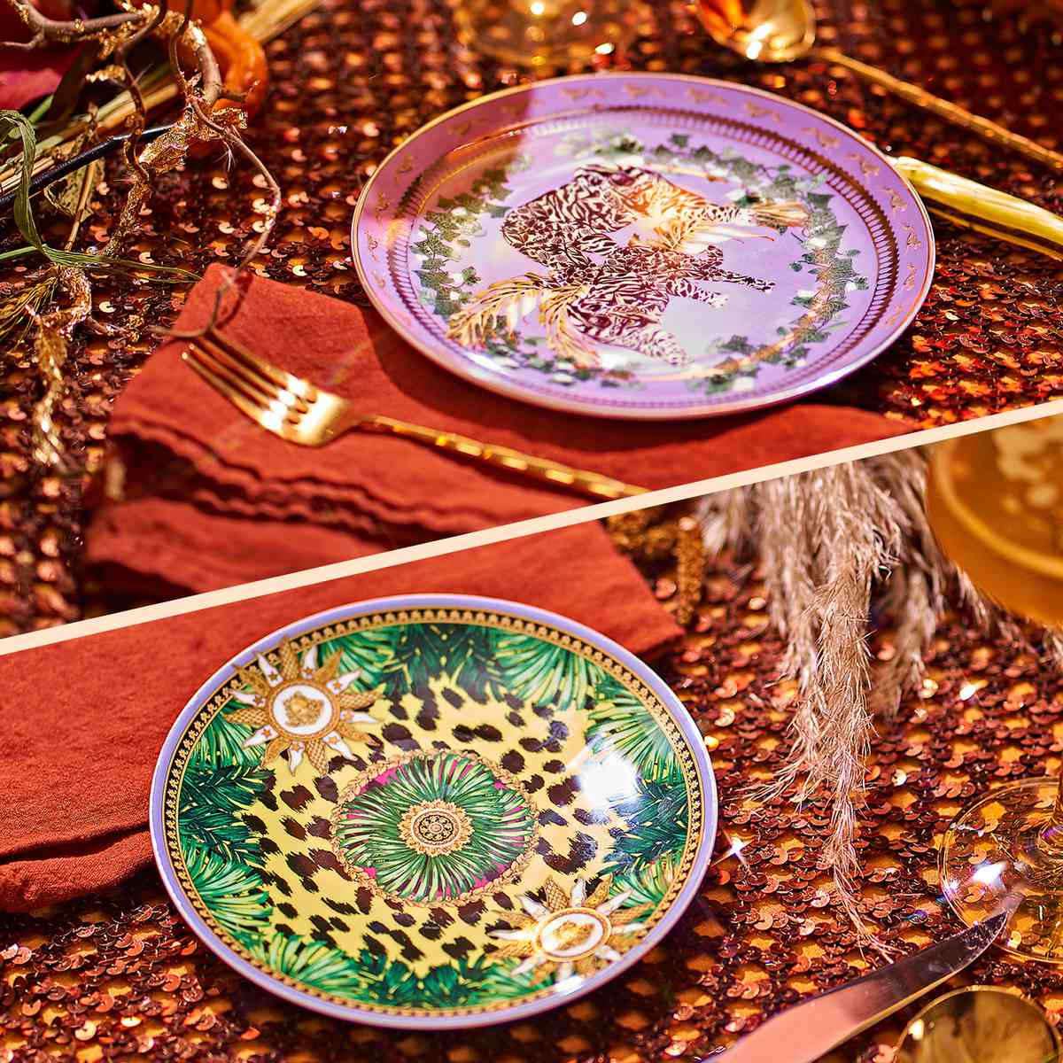 Loki Lavender Dessert Plate and Versace Animalier Bread and Butter Plate