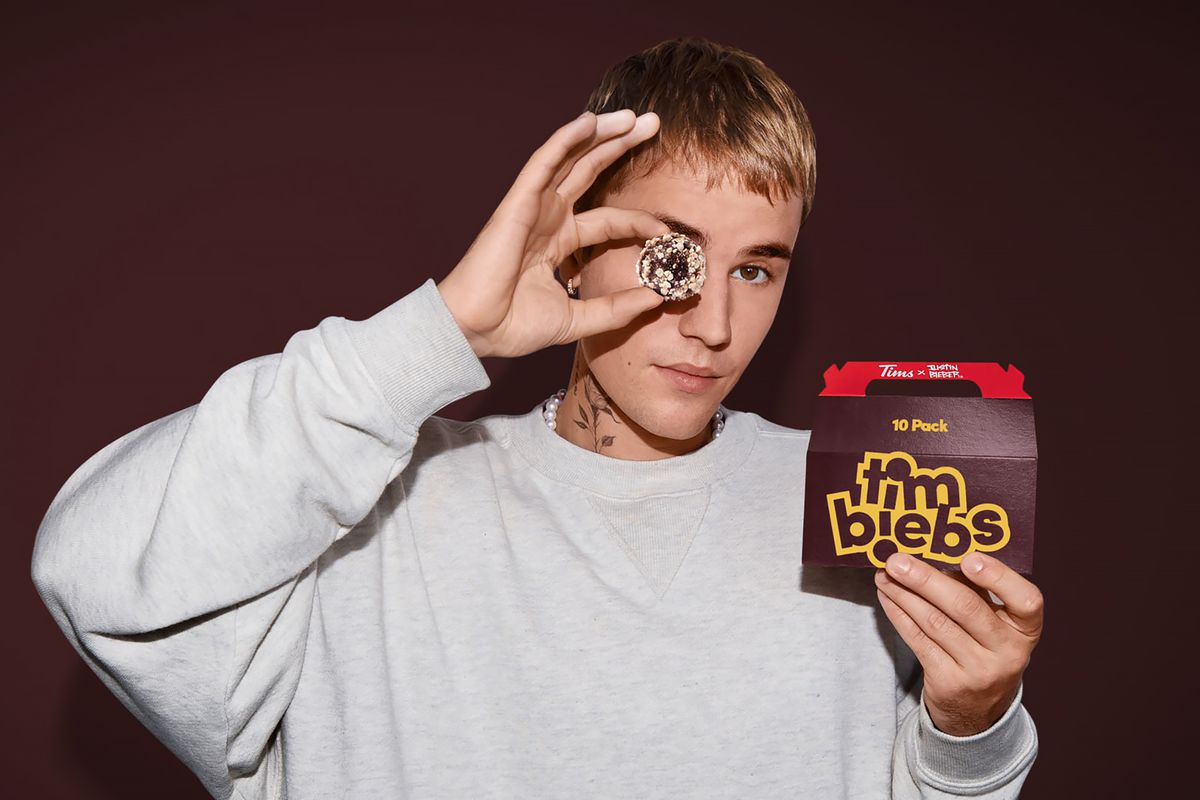 Justin Bieber with "Tim Biebs," a collaboration with Tim Hortons