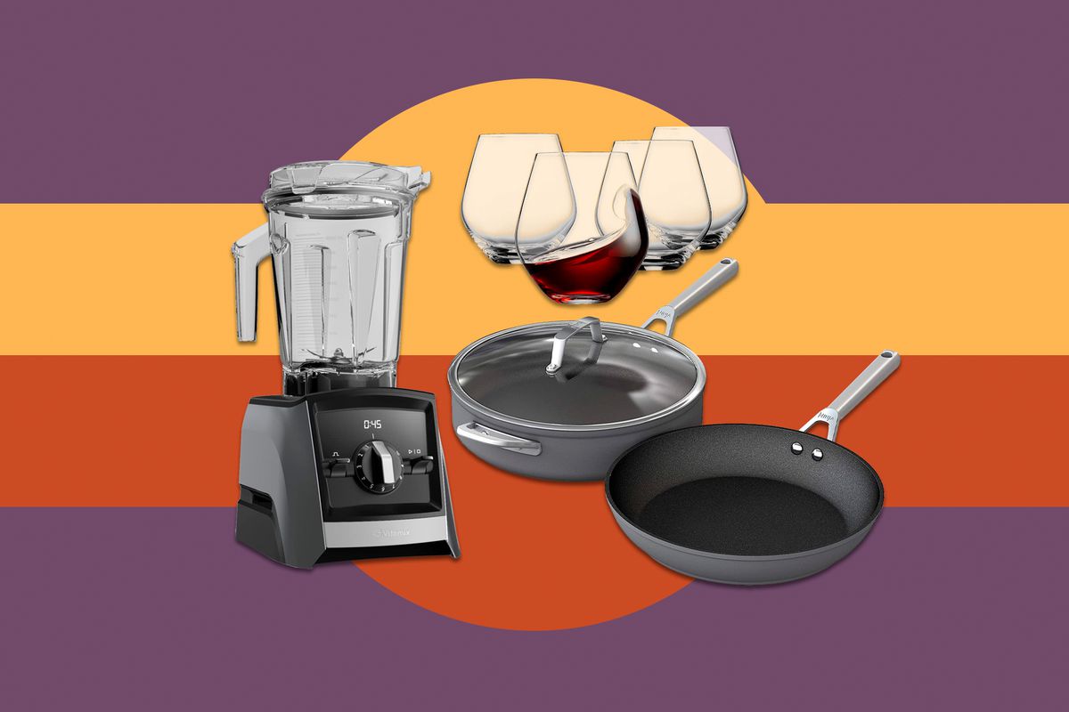 blender, wine glasses, pans