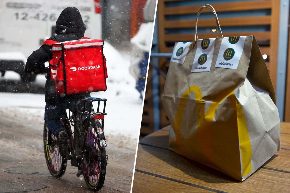 A DoorDash delivery worker; a McDonald's takeout bag