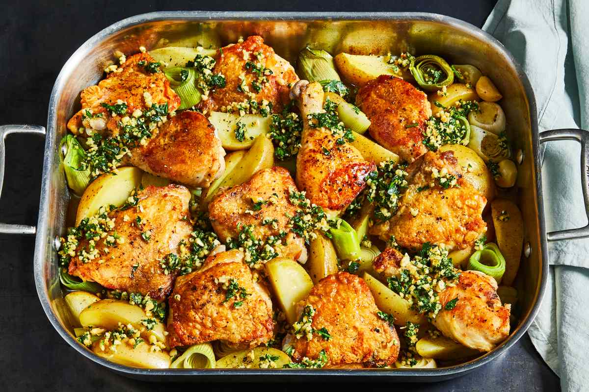 Chicken, Potatoes, and Leeks with Pine Nut Gremolata 