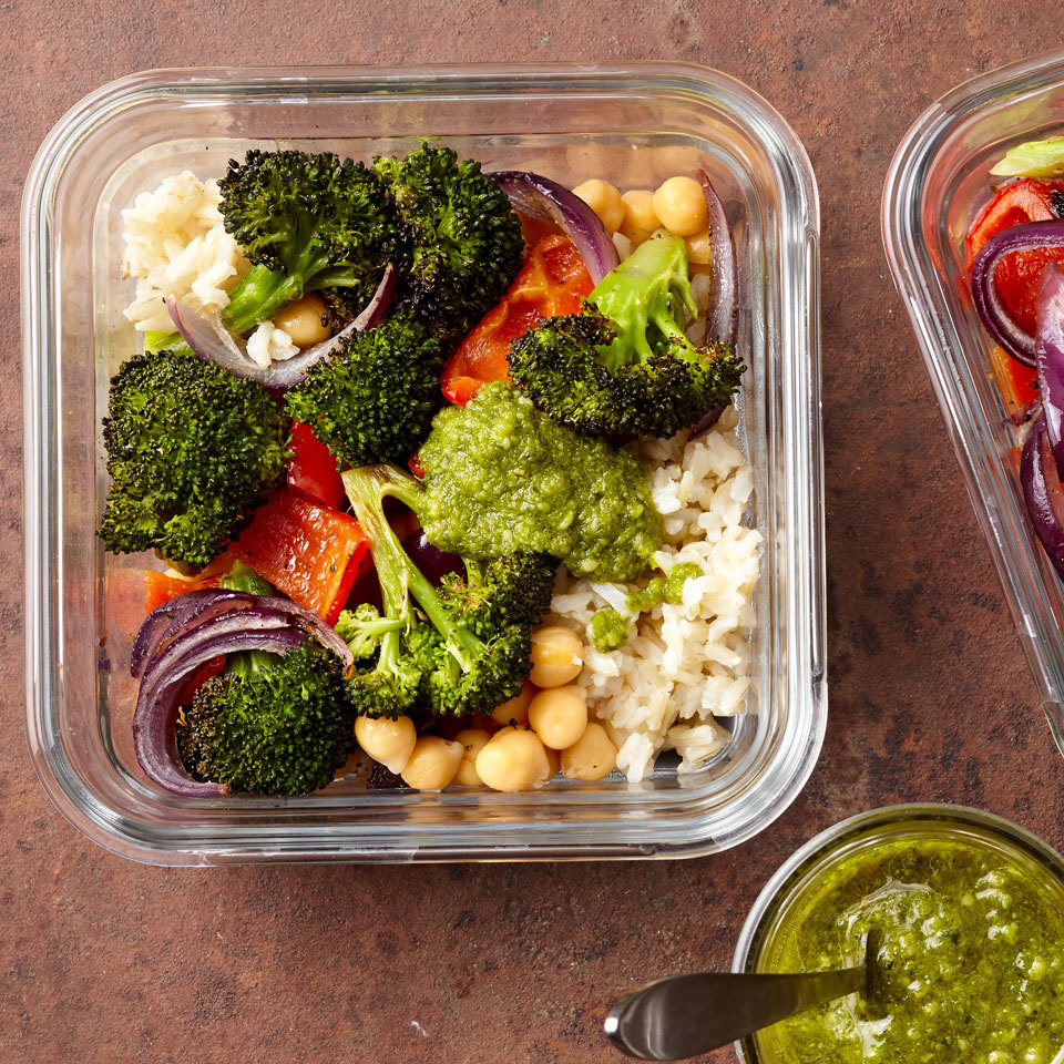 Meal-Prep Roasted Vegetable Bowls with Pesto Recipe | EatingWell