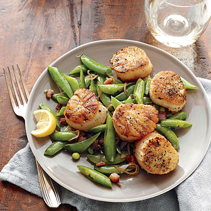 Seared Scallops with Snap Peas and Pancetta Recipe | MyRecipes
