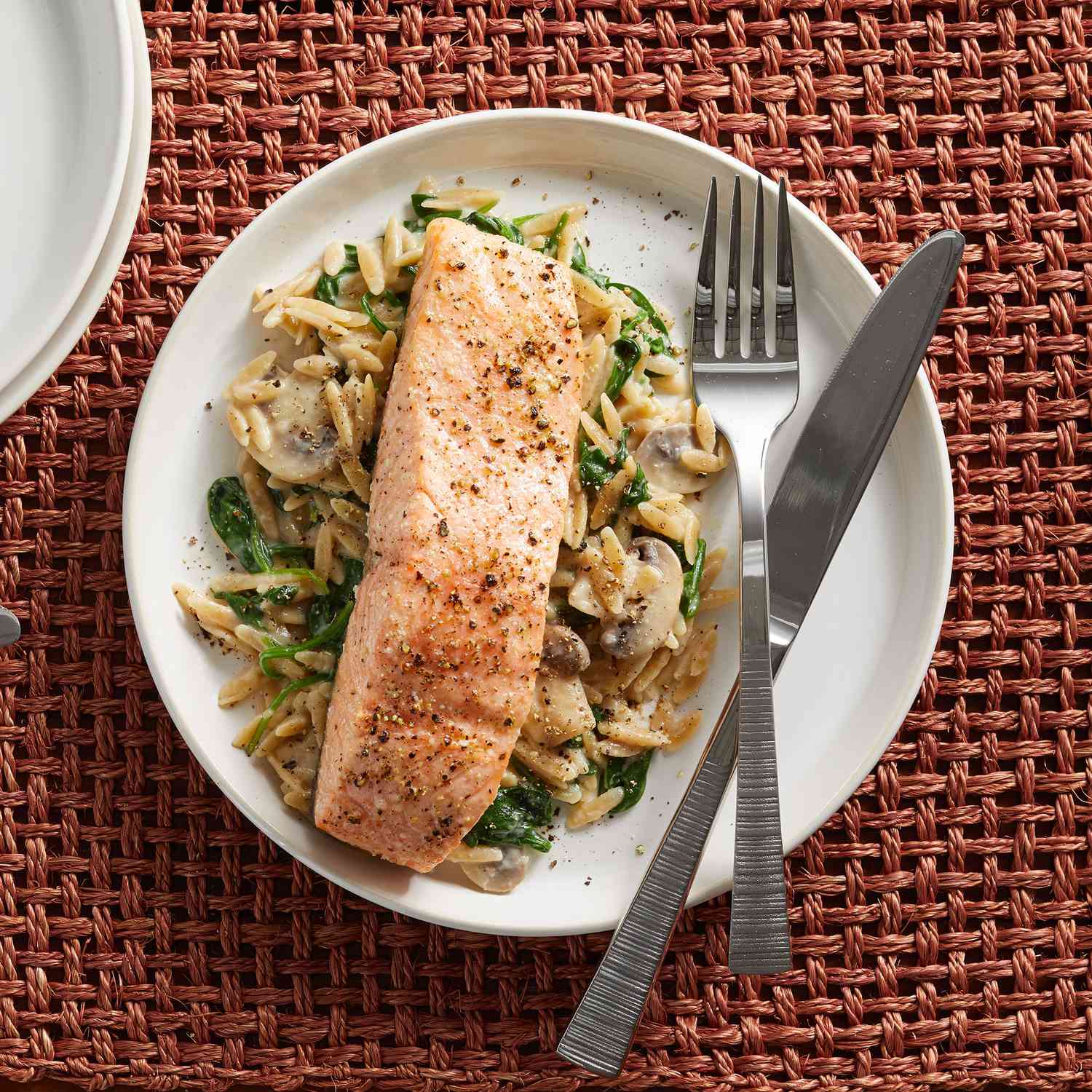 15 Minute Salmon amp Creamy Orzo with Spinach amp Mushrooms Recipe EatingWell
