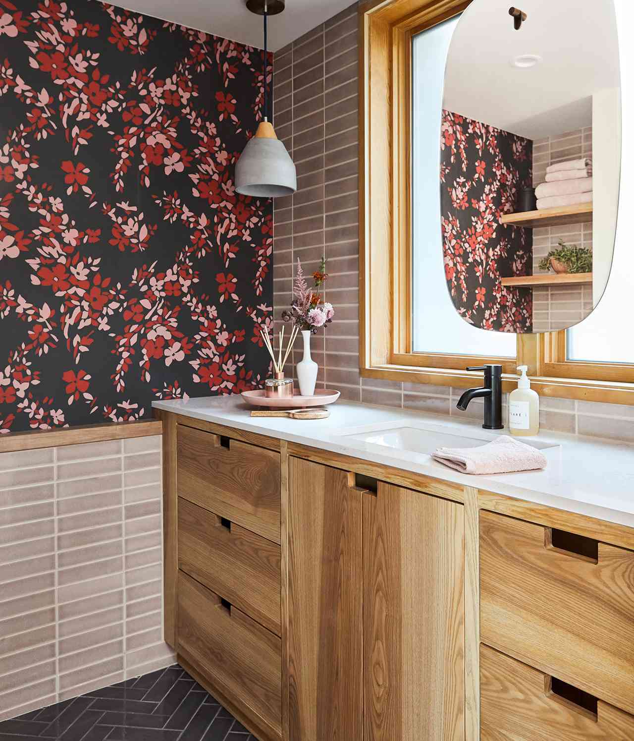 Image of a vanity section inside a bathroom with accent walls