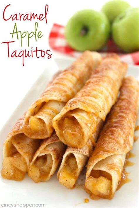 Microwave tortillas for 20 seconds to soften them up then spread a thin layer of caramel sauce down the middle of each tortilla caramel apple taquitos recipe